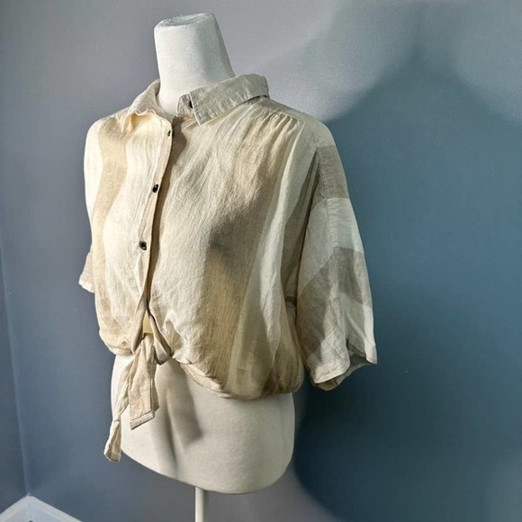 Urban Outfitters BDG Neutral Linen Blend Cropped Tie Front Button Down S - Picture 3 of 8